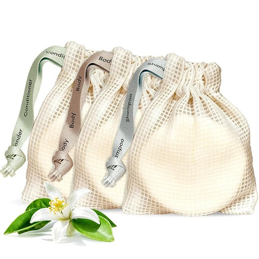 Vove Complete Hair & Body Bar Set with Storage Bags, 3 Bars: Shampoo, Conditioner & Body Wash with Rice Protein & Cocoa Butter, Vanilla Cedar & Neroli, Plastic-Free, Moisturizing & Strengthening