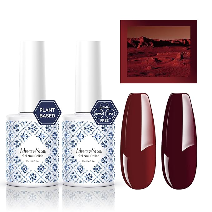 MelodySusie Fleurwee Plant Based Gel Nail Polish, 2 Pcs Hema Free Gel Polish Red Brown and Rose Red Nail Polish 21 Non Toxic Long Lasting Fall Nail Art Salon DIY Manicure at Home Gift for Women