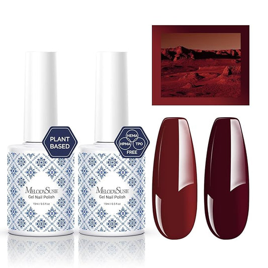 MelodySusie Fleurwee Plant Based Gel Nail Polish, 2 Pcs Hema Free Gel Polish Red Brown and Rose Red Nail Polish 21 Non Toxic Long Lasting Fall Nail Art Salon DIY Manicure at Home Gift for Women