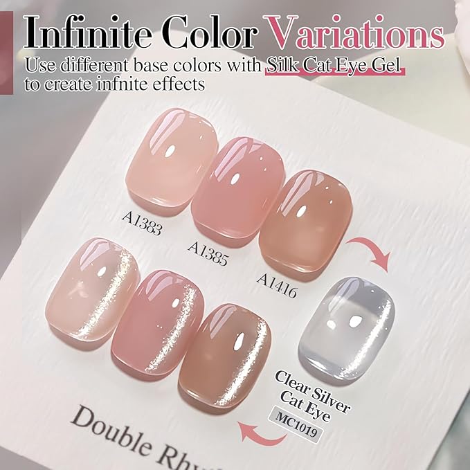 Double Rhythm 0.5 OZ Cat Eye Gel Polish with Magnet 15ML Holographic Glitter Shimmer Translucent Jelly Color Magnetic Polish Salon DIY at Home (Silver-MC1019)