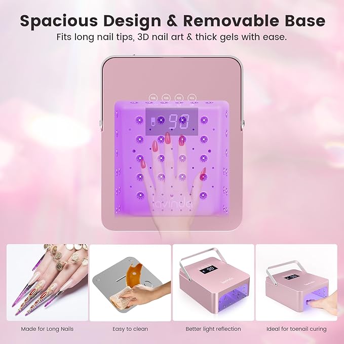 Lavinda 60W Large UV LED Nail Lamp with Portable Handle, Rechargeable 5200mAh Nail Dryer with Dual Controls, Max/Low Heat, 3-Prong Safety Adapter & LCD for Salon & Home.