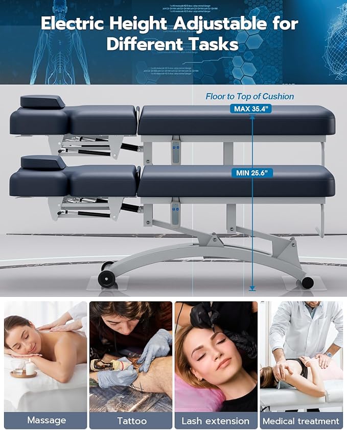 SyyBhb Professional Hi-Lo Electric Massage Table with Wheels, Haydraulic Adjustable Backrest Downward for Treatment/Facial/Beauty/Spa/Physical Therapy Blue