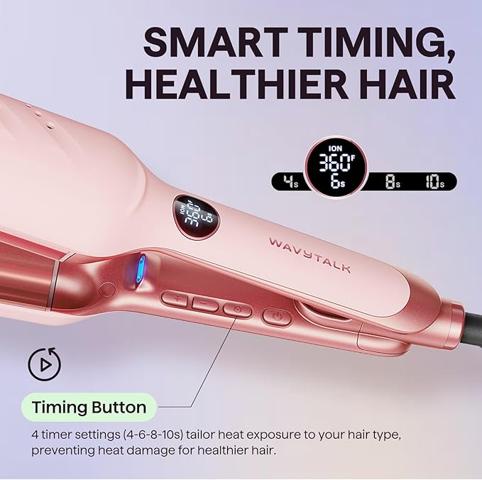 Wavytalk Power Wave Hair Crimper, Curling Iron Waver for Women, Beach Waves Curling Wand, Ventilation Design for Less Damage, Ionic Reduces Frizz, Lightweight Curler, Dual Voltage Crimping Iron, Pink