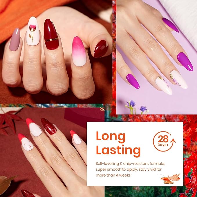 Beetles Fall Gel Nail Polish Set - Fall Yard Gel Polish Kit, 20 Color Orange Burgundy Red Navy Blue Glitter, Soak Off LED UV with Base Top Coat Nail Art Manicure Gift for Women