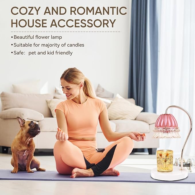 Candle Warmer Lamp with Timer,Gifts for Mom,Marble Base and Glass lampshade,a Beautiful Flower Candle Lamp with 2 Bulbs Candle Jar Light