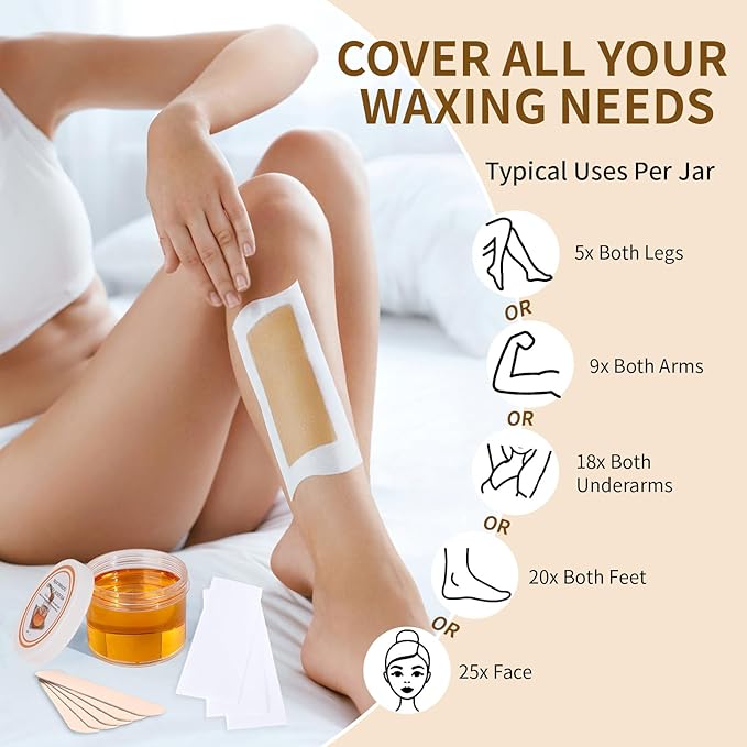 Sugar Wax Kit for Hair Removal: 10.6 Organic Sugaring Wax for Face Body Legs Bikini Back - with Large Strips and Sticks, Care Oils and Gloves