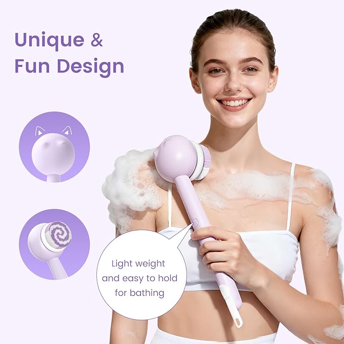 Electric Back Scrubber for Shower Body Brush, Waterproof Shower Body Scrubber for Cleansing, Massaging, Rechargeable Bath Brush for Kids & Adults with 2 Heads & 3 Speed Modes, Taro Purple XY0