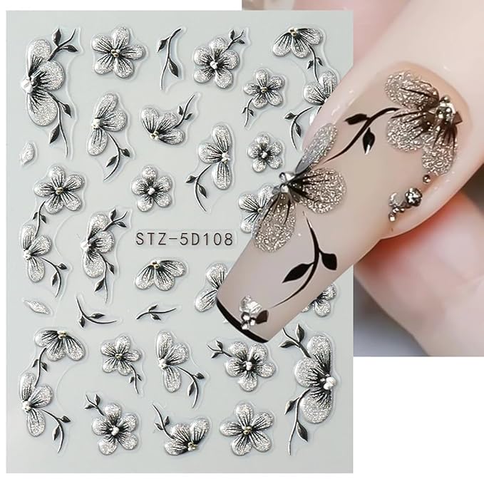 Flower Nail Art Stickers Decals 5D Embossed Flowers Nail Decals Nail Art Supplies Watercolor Ink Floral Leaf Petal Design Summer Nails Adhesive Sliders Flower Stickers for Women Nail Art Decorations