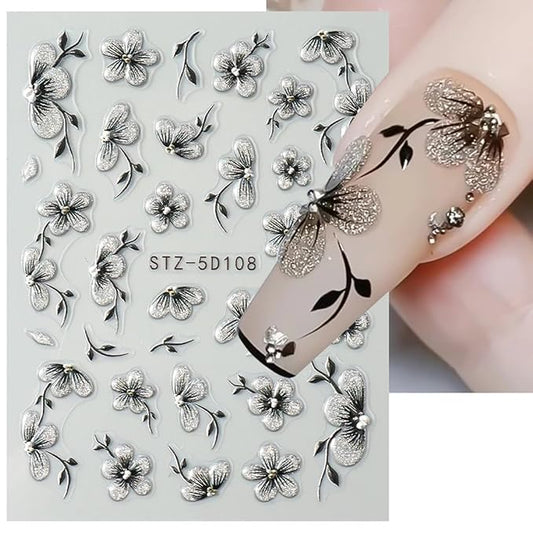 Flower Nail Art Stickers Decals 5D Embossed Flowers Nail Decals Nail Art Supplies Watercolor Ink Floral Leaf Petal Design Summer Nails Adhesive Sliders Flower Stickers for Women Nail Art Decorations