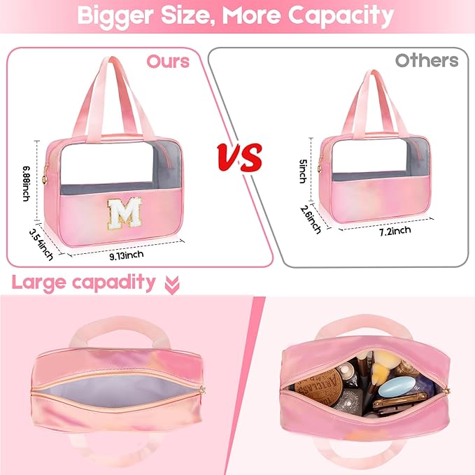 Personalized Initial Clear Makeup Bag Pink Cosmetic Bag Set Large Travel Toiletry Bag, Cute Clear Make Up Bags Organizer Bag for Girlfriend Teacher Gifts Teen Girl Gifts Trendy Stuff S (Pink)