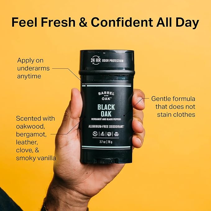 Barrel & Oak Aluminum Free Deodorant for Men, Natural Men's Deodorant with Bergamot & Black Pepper Essential Oil for Delicate Skin, Grooming Kit Gifts for Men, Black Oak, 2.7 oz