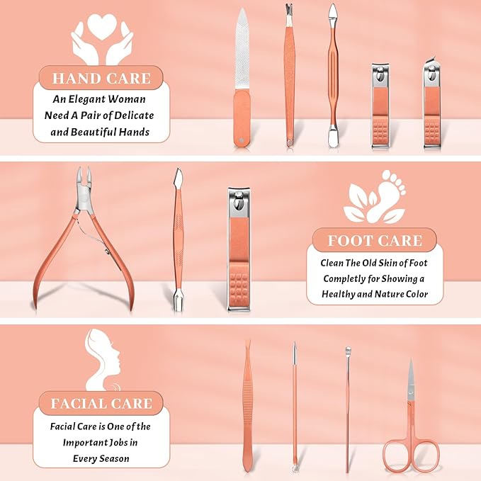 Manicure Set Nail Clipper Set Men Women 12 in 1 Nail Care Kit with Portable Case Travel Manicure Pedicure Tools Grooming Kit Beauty Salon(Rose Gold)
