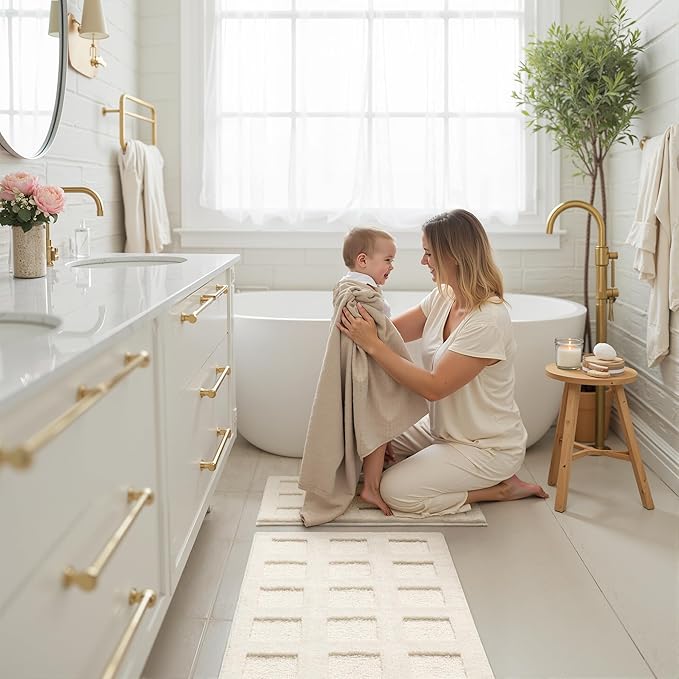 GRANNY SAYS Bathroom Rugs Sets 2 Piece, Super Soft Absorbent Microfiber Bath Mats for Bathroom Non Slip Washable,Waffle Bath Rugs Set for Shower Tub Toilet Decor (White, 16" x 24" + 20" x 32")