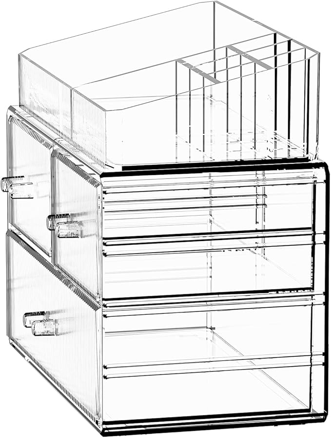 ZHIAI Stackable Cosmetic Organizer, Acrylic Cosmetic Organizer for Dresser, Vanity, Kitchen Cabinet, Bathroom, Under Sink, Home Organization and Storage (1 Top 3 Drawers)