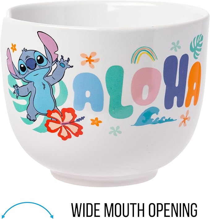 Silver Buffalo Disney Lilo and Stitch Aloha Tropical Ceramic Ramen Noodle Rice Bowl with Chopsticks, Microwave Safe, 20 Ounces