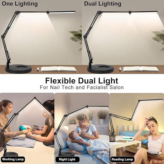 Toolour Desk Lamps for Nail Tech,24W Large Dual Architect Lamp with Remote Control,5 Colors Stepless Dimming Sleep Mode & Memory Function Workbench LED Halfmoon Light for Beauty Salon Home Office
