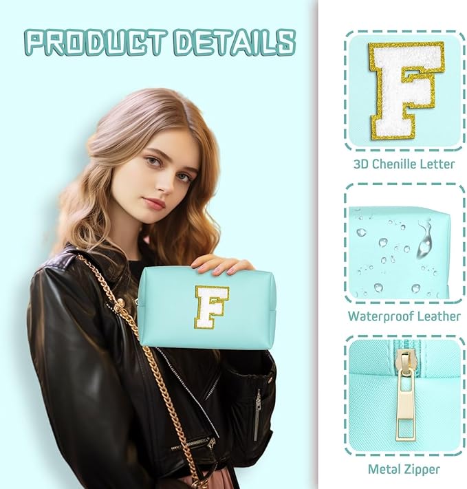 TOPEAST Preppy Patch Makeup Bag, Chenille Letter Pouch Cosmetic Bag, PU Leather Waterproof Toiletry Bag, Personalized Birthday Gift for Women Girl, Cute Stuff for Girls (Blue B)