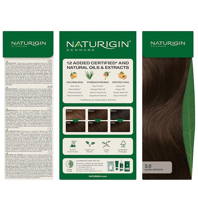 Naturigin Permanent Hair Color, 3.0 Dark Brown, Ammonia Free, 100% Gray Coverage, Nourishing Natural Formula, For All Hair Types, Long-Lasting, Vegan & Cruelty-Free, 1 Pack