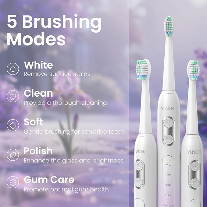 YUNCHI Electric Toothbrush for Adults and Kids, Travel Electric Toothbrush & Case, Sonic Rechargeable Toothbrushes, 90 Days, 8 Brush Heads, 2 Min Timer, IPX7 Waterproof, 5 Modes, Purple White Gradient
