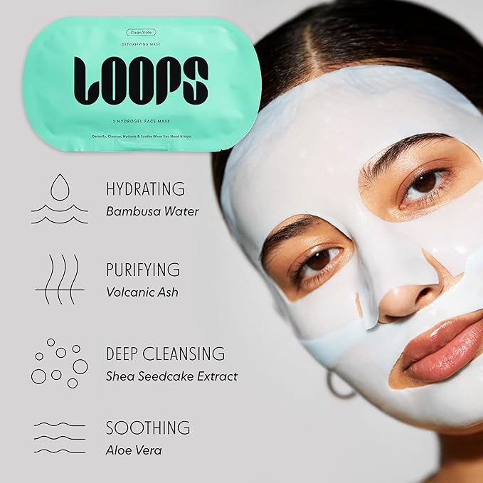 LOOPS CLEAN SLATE - Detoxifying Hydrogel Face Mask - Detoxify, Cleanse & Soothe - Deeply Purifying and Super Hydrating - Minimizes the Look of Pores - Gifts for Women, Stocking Stuffer - 5 pc