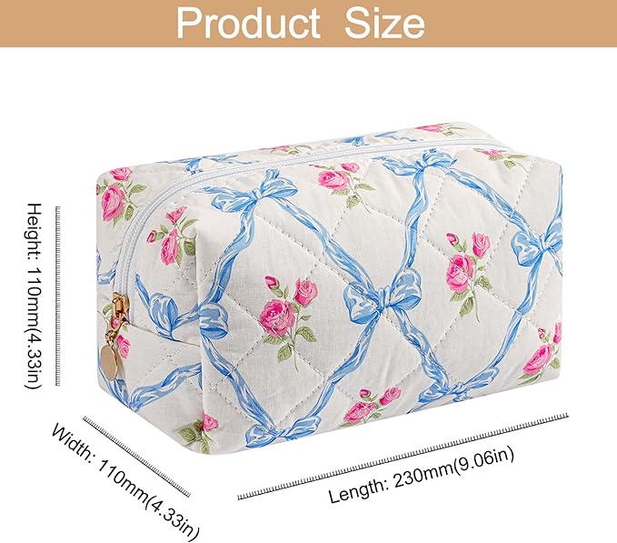 Makeup Bag Travel Cosmetic Bag for Women Girls, Zipper Make Up Pouch, Floral Flowers Toiletry Organizer Makeup, Portable Storage Bag, Cosmetic Travel Cloth Bag (Pink+Blue Bowknot)