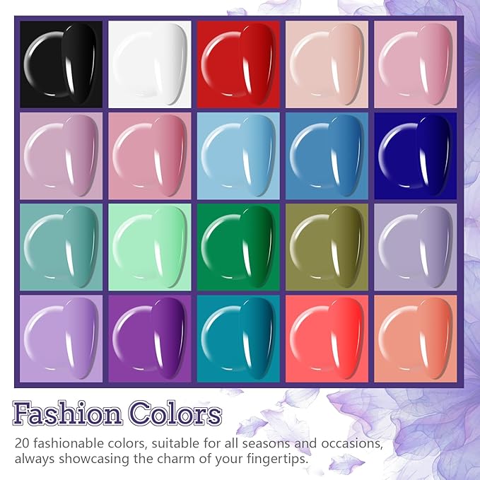 JODSONE 20 Colors Gel Nail Polish Kit with U V Light Base Top Matte Coat High Shine Vibrant Nail Gel Equipped with Manicure Tools