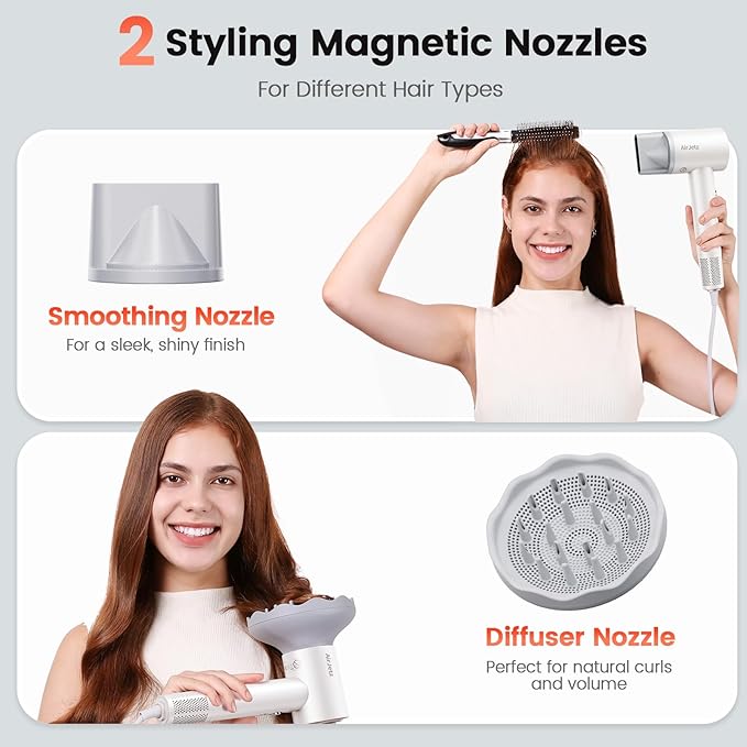 Hair Dryer, 160,000 RPM High-Speed Ionic Blow Dryer for Fast Drying, Professional Lightweight Hairdryer with Diffuser, Magnetic Nozzle, 4 Temps & 2 Speeds, Low Noise for Travel - White