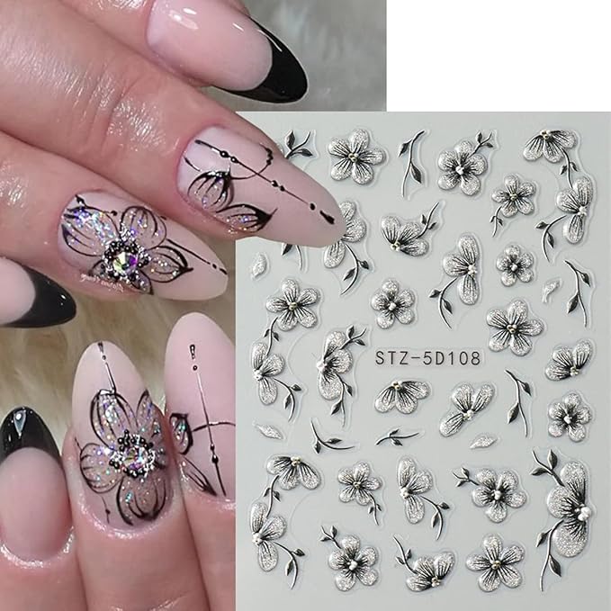 Flower Nail Art Stickers Decals 5D Embossed Flowers Nail Decals Nail Art Supplies Watercolor Ink Floral Leaf Petal Design Summer Nails Adhesive Sliders Flower Stickers for Women Nail Art Decorations