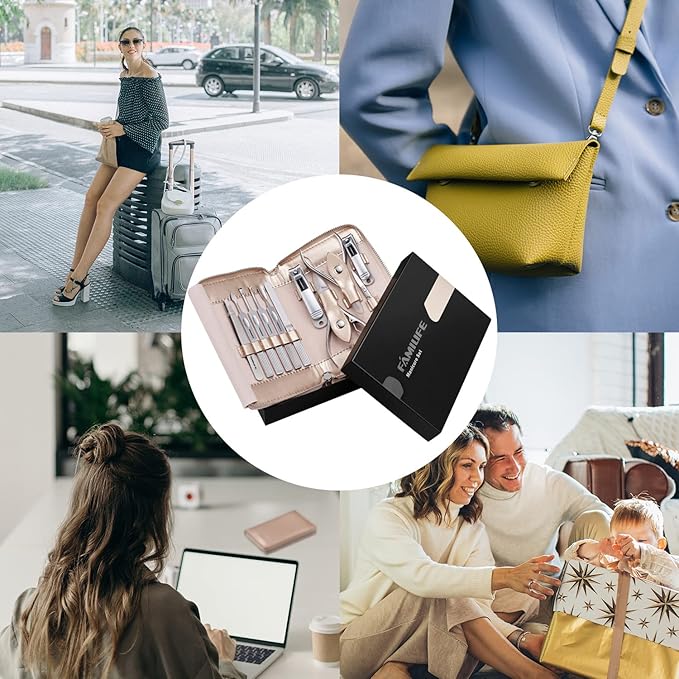 FAMILIFE Gifts for Women, Manicure Set Professional Manicure Kit 11 in 1 Nail Kit Nail Clippers Tools Stainless Steel with Rose Gold Leather Case Travel Sets