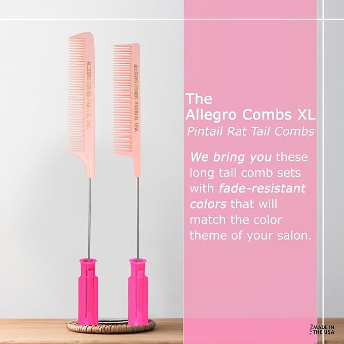 Allegro XL Rat Tail & Pin Combs - Metal Tail Foiling Combs for Stitch Braids - 2 Pc. (Rose)