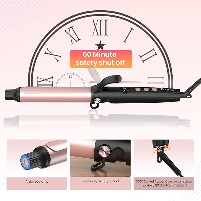 Parstiny Dual Voltage Curling Iron: Home &Travel hair curler with Smart Timer - beginners & Stylists - 1.25 Inch ceramic curling iron Up to 410℉ with LCD & Stand - medium/long hair SGS Certified