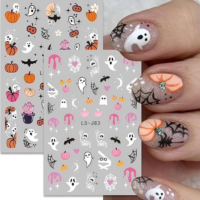 12 Sheets Halloween Nail Stickers for Nail Art 3D Self Adhesive Halloween Nail Decals Cute Ghost Nail Art Stickers Pumpkin Nail Design DIY Manicure Cat Bat Nails Supplies for Women Girls