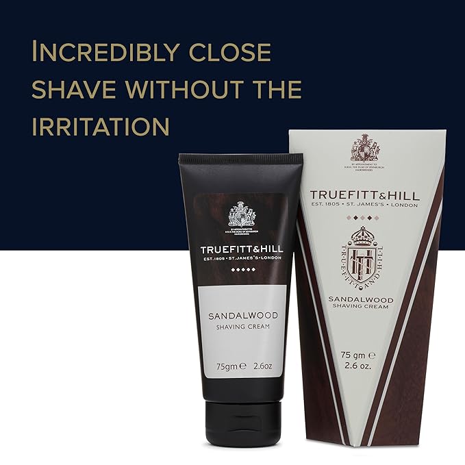 Truefitt & Hill Shaving Cream Tube - Sandalwood - Premium Glycerin-Based Lather, Smooth Glide, and Hydration for a Luxurious Shave - 2.65 oz.
