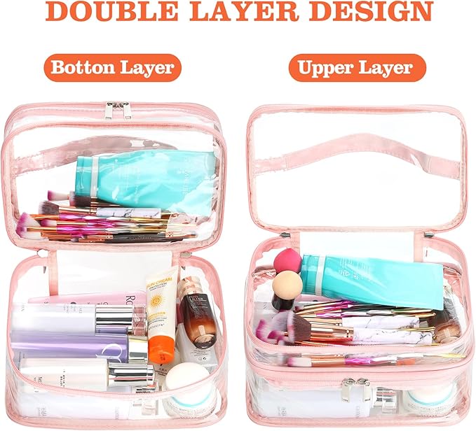 HAOGUAGUA Double Layer Clear Cosmetic Bag Makeup Bag, Waterproof Travel Toiletry Bag, Transparent PVC Pouch Organizer (Pink Large)