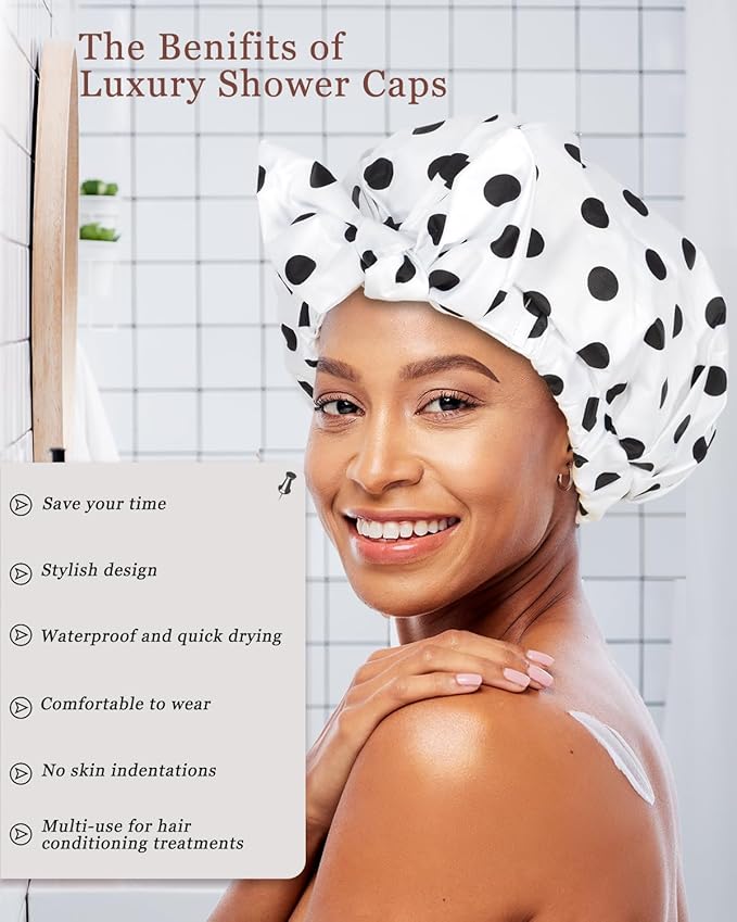2Pcs Shower Caps for Women Shower Cap Reusable Waterproof Hair Cap for Shower with Adjustable Bowknot Luxury Bath Cap for Women (Black Dot & Pink Dot)