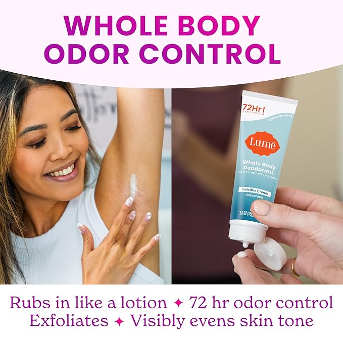 Lume Whole Body Deodorant - Invisible Cream Tube - 72 Hour Odor Control - Aluminum Free, Baking Soda Free, Skin Safe - 3.0 ounce (Pack of 2) (Unscented)