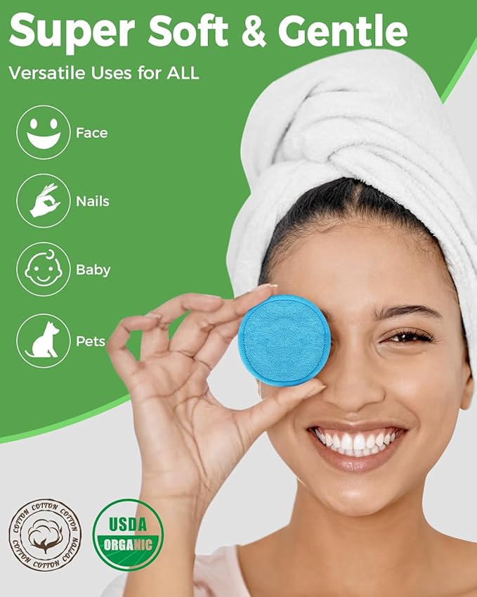 Reusable Makeup Remover Pads - 18 Packs Organic Reusable Cotton Rounds with Washable Laundry Bag for Toner Eco-Friendly Bamboo & Cotton Reusable Cotton Pads for Face All Skin Types (Blue-White-Green)