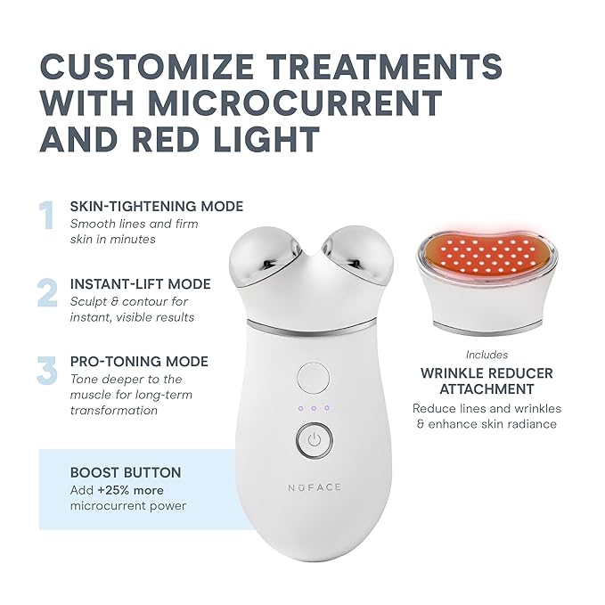 NuFACE Trinity+ Microcurrent Facial Device + LED Red Light Wrinkle Reducer Attachment - FDA Cleared Skin Tightening Device + Microcurrent Gel Activator & Silk Creme