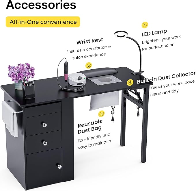 Foldable Nail Table with Dust Collector, Manicure Desk for Nail Tech,with LED Lamp, Wrist Rest, Rolling Nail Table for Salon, Home Beauty Workstation, Compact Nail Station with Storage (Black)