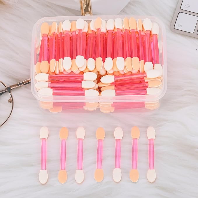 150 Eye Shadow Applicator Disposable Foam Makeup Brush Sponge Tipped Oval Eyeshadow Applicators Dual Sides with Container, Pink