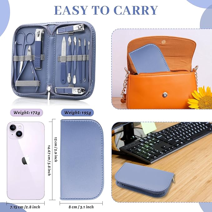 Manicure Set Professional Nail Clippers Pedicure Kit, 12 Pcs Stainless Steel Nail Care Tools Grooming Kit with Luxurious Travel Leather Case for Men Women Gift (Blue)