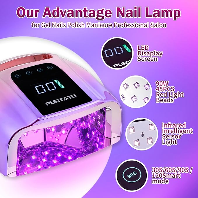 Professional Rechargeable 96W UV LED Portable Cordless UV Light for Nail Lamp Machine with Removable Stainless Steel Bottom,4 Timer Setting and Smart Sensor Nail Dryer (Gradient Purple)