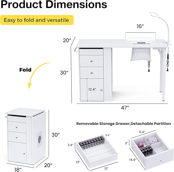 Foldable Nail Table with Dust Collector, Manicure Desk for Nail Tech, with LED Lamp, Wrist Rest, Rolling Nail Table for Salon, Home Beauty Workstation, Compact Nail Station with Storage (White)
