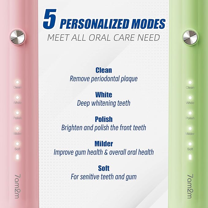7AM2M Rechargeable Sonic Electric Toothbrush 2 Pack, Soft Toothbrushes for Adults and Kids with 12 Brush Heads, IPX7 One Charge Use for 60 Days, 5 Modes with 2 Minutes Build in Smart Timer