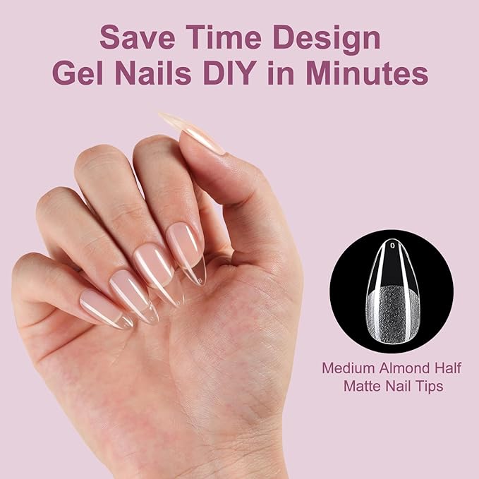 Misssix Medium Almond Gel Nail Tips Kit, 216Pcs Pre Etched Clear Fake Nails, Full Cover False Nail 9-in-1 Gel Glue and Portable Mini U V Nail Lamp for Women 12 Sizes