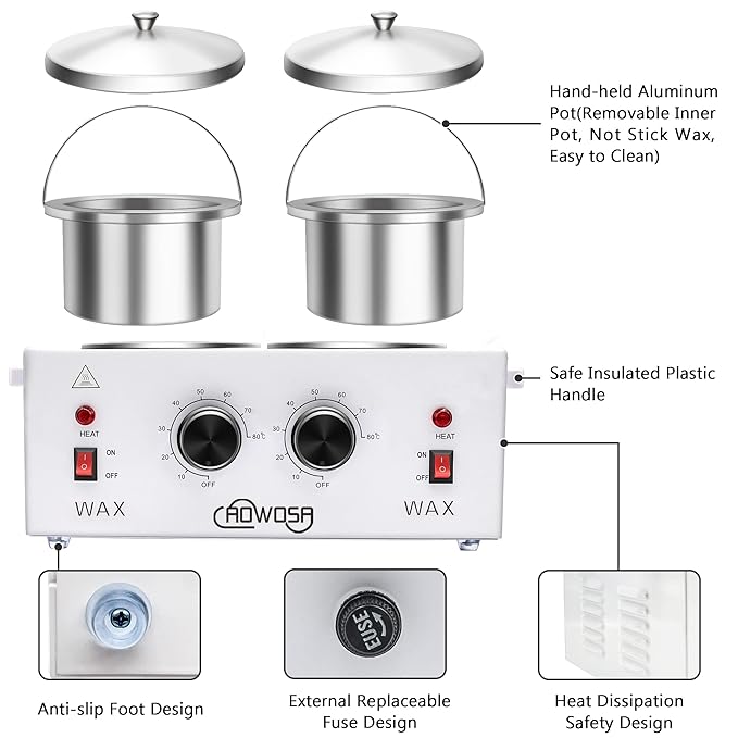 Professional Waxing Kit Wax Warmer Double Pot Wax Heater Machine for Hair Removal, Large Wax Pot for Spa Salon Beauty Esthetician Home, with Adjustable Temperature Set, 50 Wax Stick(White)
