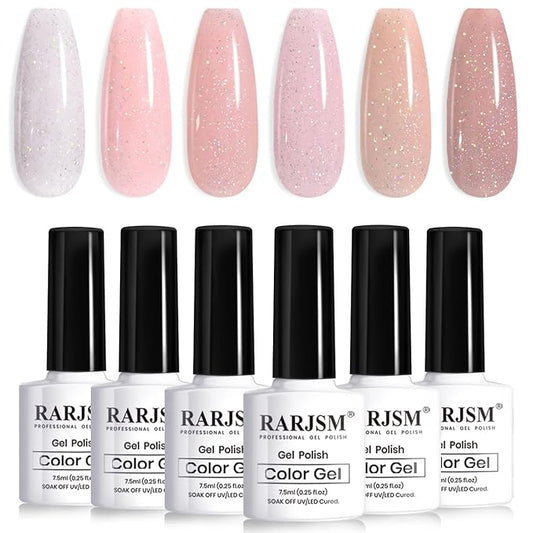 RARJSM Nude Glitter Gel Nail Polish 6pcs Set Sparkly Rainbow Shimmery Nail Gel Polish Iridescent Pigment Jelly Sheer Gray Pink Milky Peach Purple Translucent Natural Skin Tone Color 7.5ml Soak off