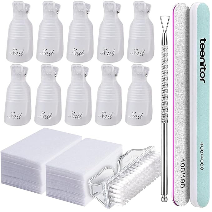 Teenitor gel nail remover kit with10pcs Gel Clip Remover, Brush for Nails, Nail Files 100/180, Buffer Block 400/4000, Stainless SteelCuticle Peeler and 115pcs Lint Free Cotton Pads Nail Wipe Clear