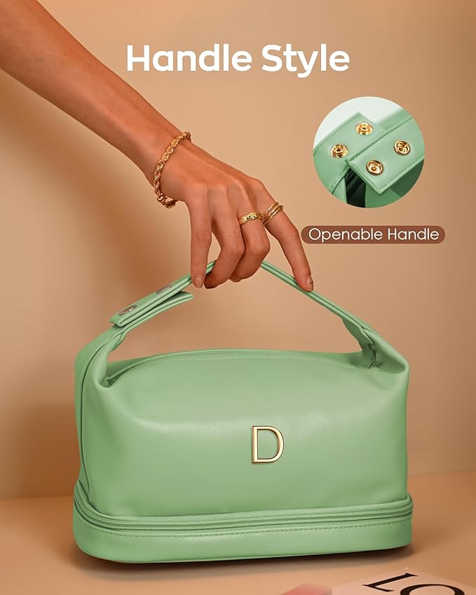 Trendy Gifts for Women, Personalized Makeup Bag with Handle, Initial Double Layer Cosmetic Bag with Makeup Brush Organizer, Cute Cosmetic Pouch for Women, Gifts for Friends Female Mom