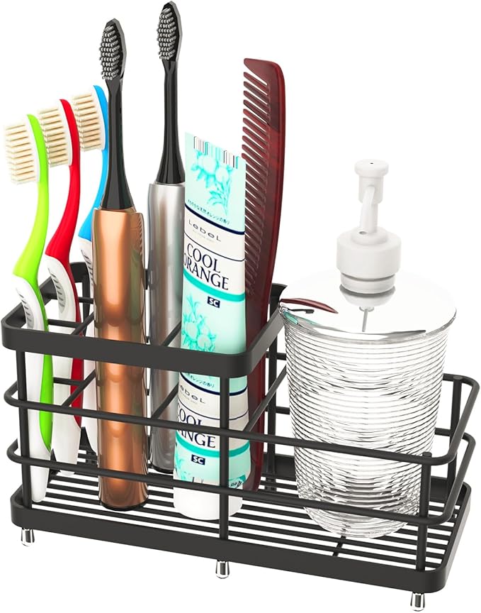 Toothbrush Holder for Bathroom, Stainless Steel Multi-Functional 6 Slots Toothbrush Razor Holder Bathroom Accessories Organizer, Black, L